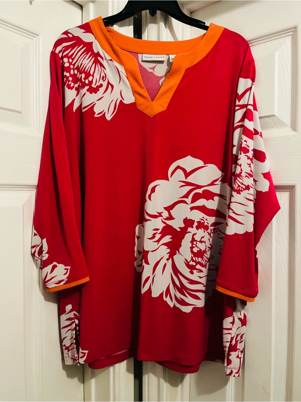Women’s Pink Floral V-Neck Tunic with Orange Trim
